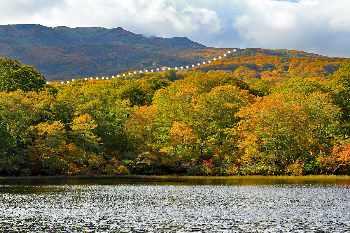 中沼から横岳稜線を望む。（点線は中沼コースの一部）